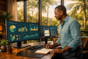 A digital transformation advisor reviewing insurance analytics in a modern Caribbean business setting.