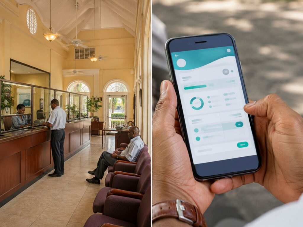 Contrast between traditional Caribbean bank branch and modern mobile digital banking interface