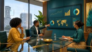 Caribbean banking professionals reviewing digital transformation strategy in a modern advisory setting
